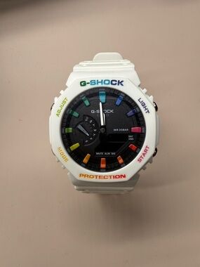G-Shock White Watch with Rainbow Hour Markers